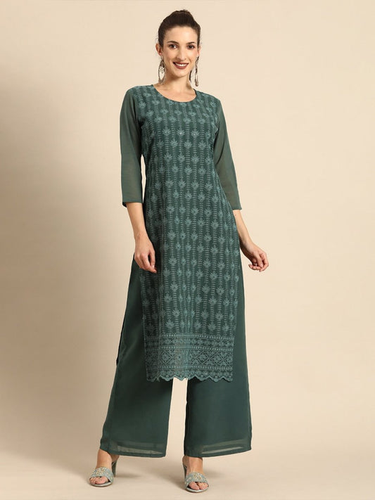 All About You Women Green Ethnic Motifs Embroidered Regular Chikankari Kurta with Palazzos 