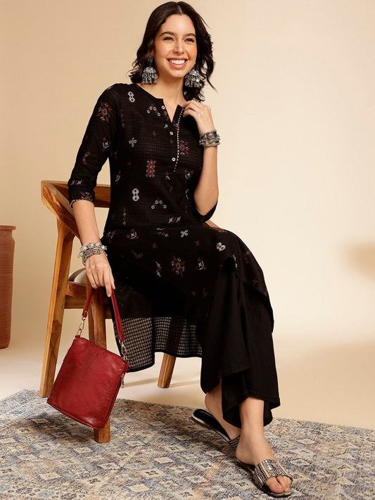 Anouk Black Ethnic Motifs Printed Round Neck Gotta Patti Cotton Straight Kurta | Grab2Buy