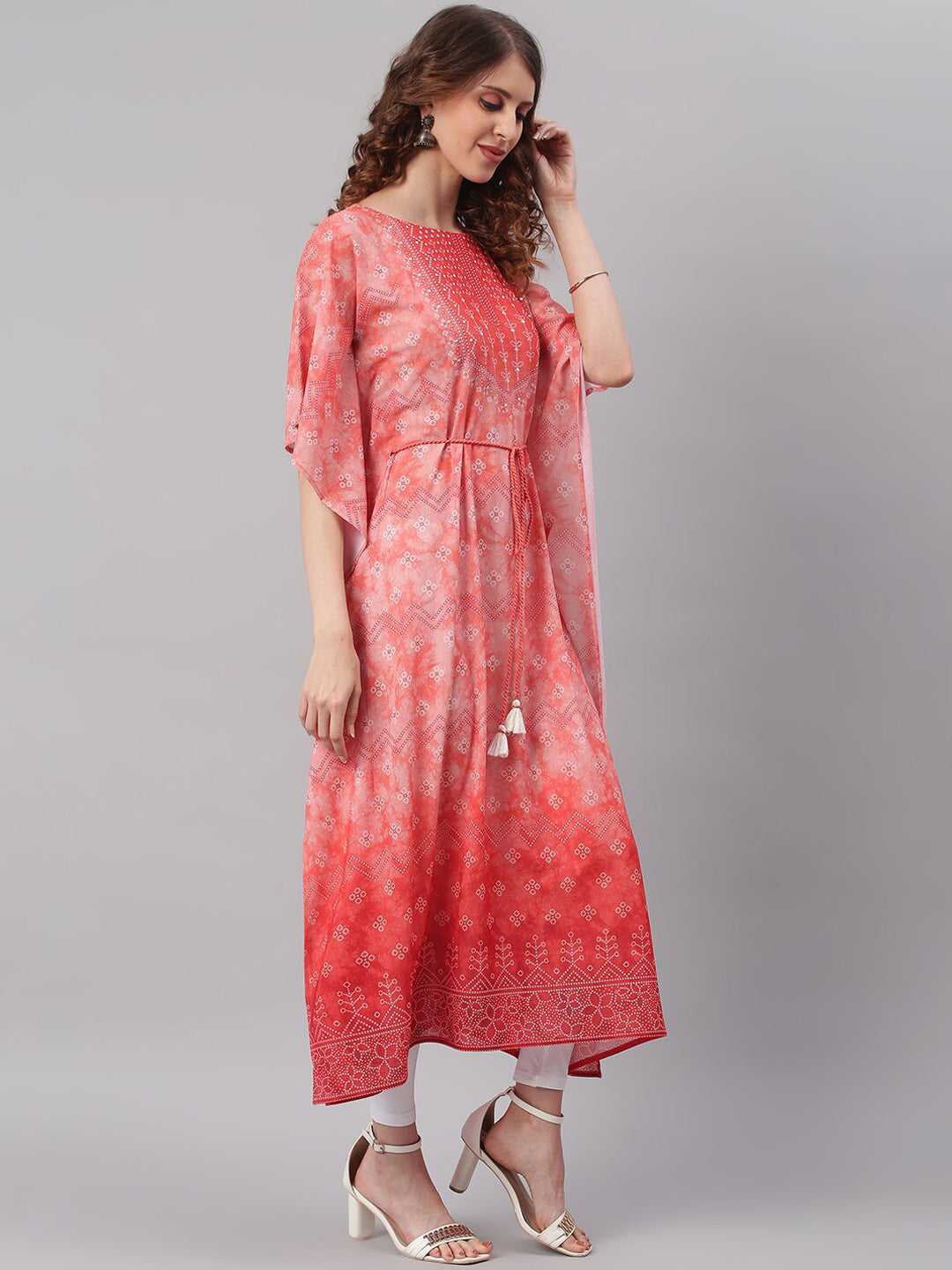 Janasya Women Peach-Coloured Ethnic Motifs Dyed Thread Work Georgette Kaftan Kurta