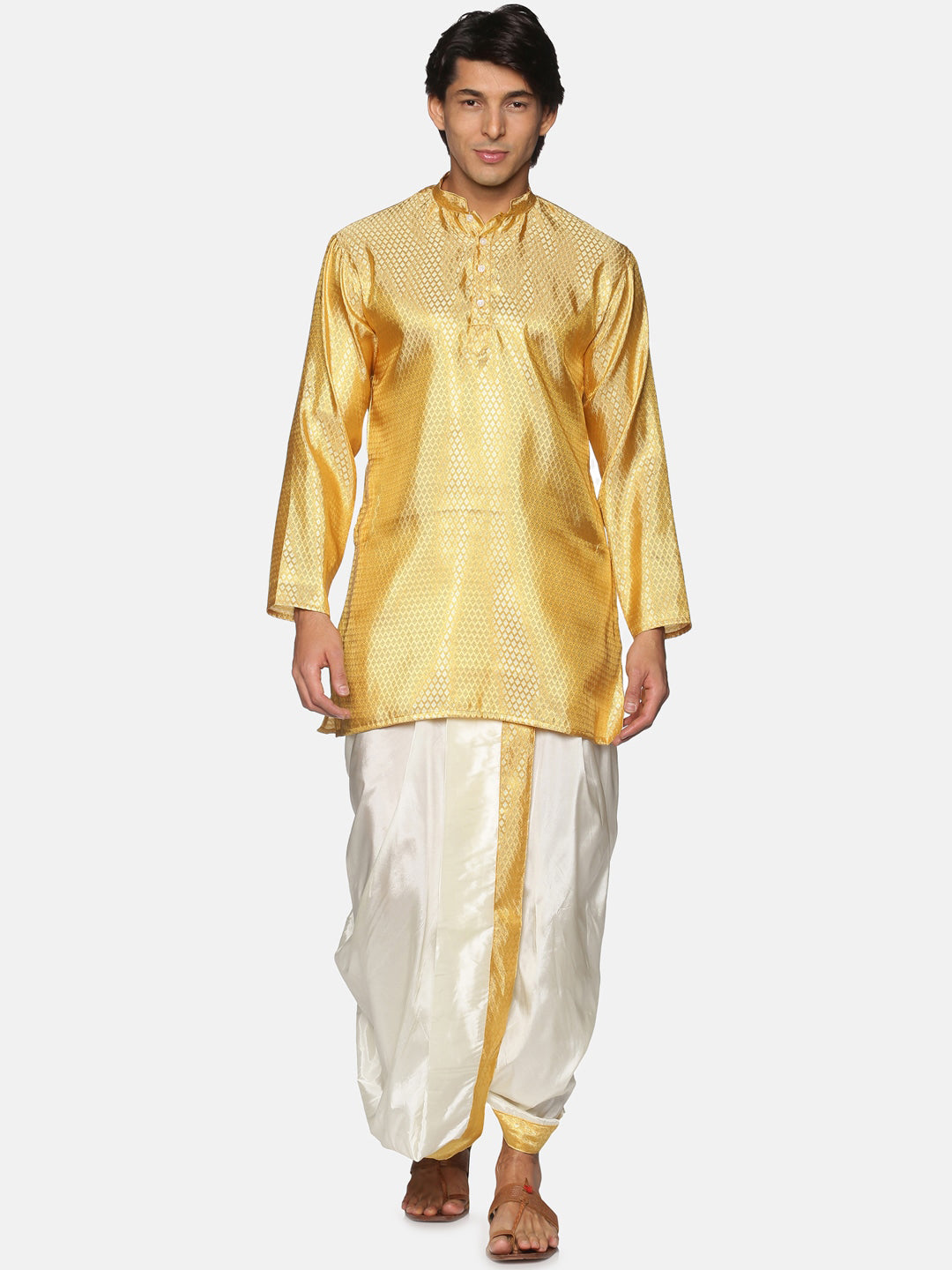 Sethukrishna Men Gold-Toned & White Kurta with Dhoti Pants