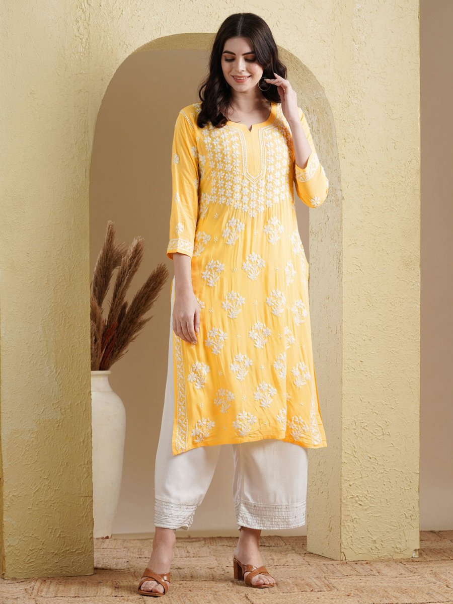 ADA Floral Lucknowi Chikankari Straight Kurta 
