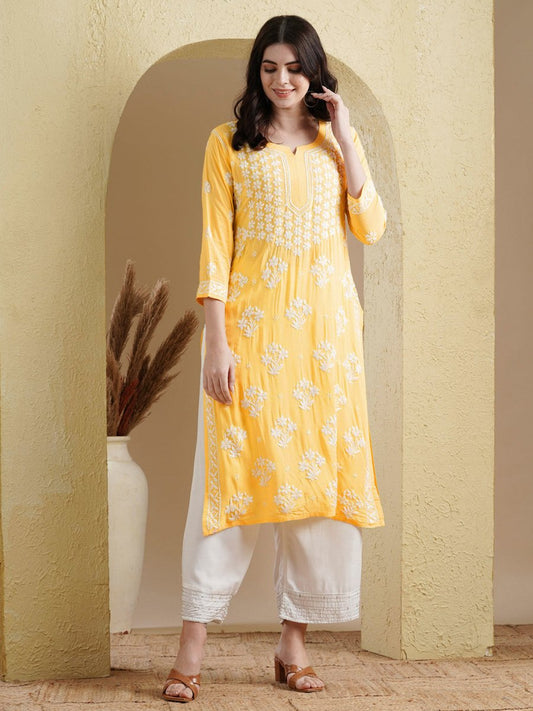 ADA Floral Lucknowi Chikankari Straight Kurta 