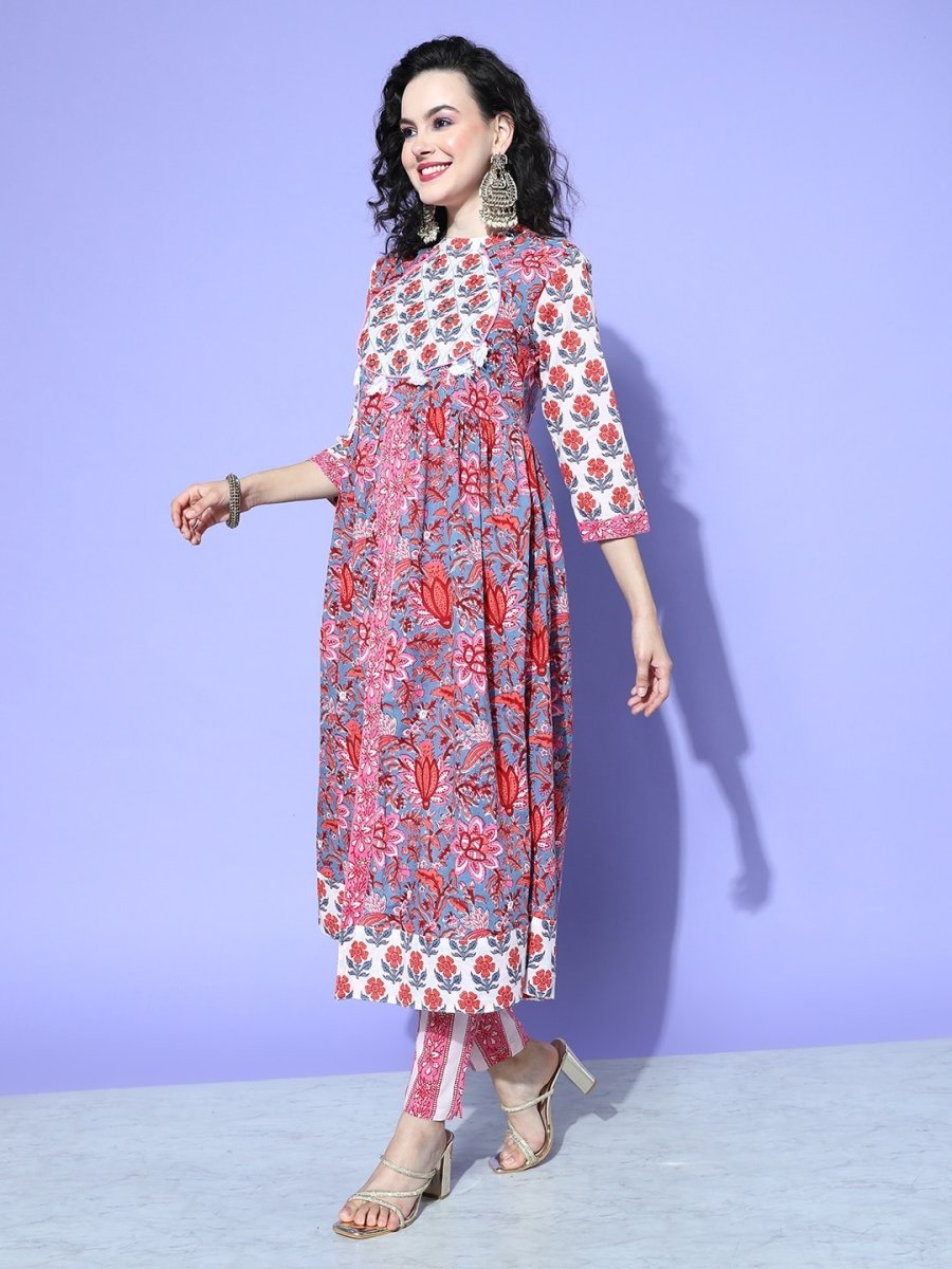 All About You Floral Printed Mirror Work Pure Cotton Kurta With Trousers & Dupatta