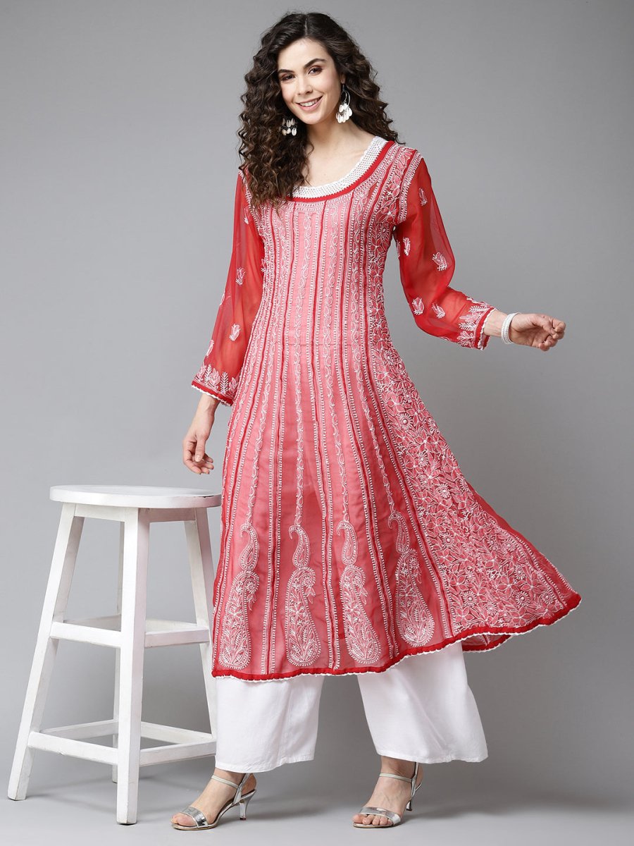 ADA Women Red & White Ethnic Motifs Embroidered Chikankari Georgette Kurta 