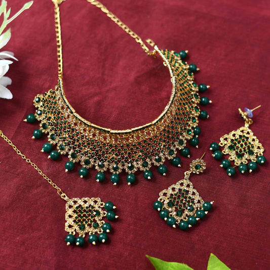 Mominos Fashion Johar Kamal Traditional Rajwadi Design Heavy Golden/Green Color Necklace Set - Grab2buy