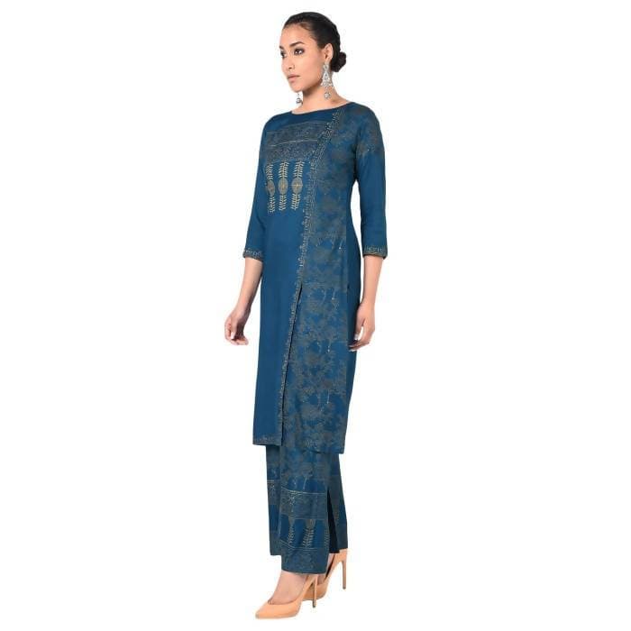 Aniyah Rayon Block Print Front Slit Straight Kurta With Palazzo Set In Blue (AN-166K) 