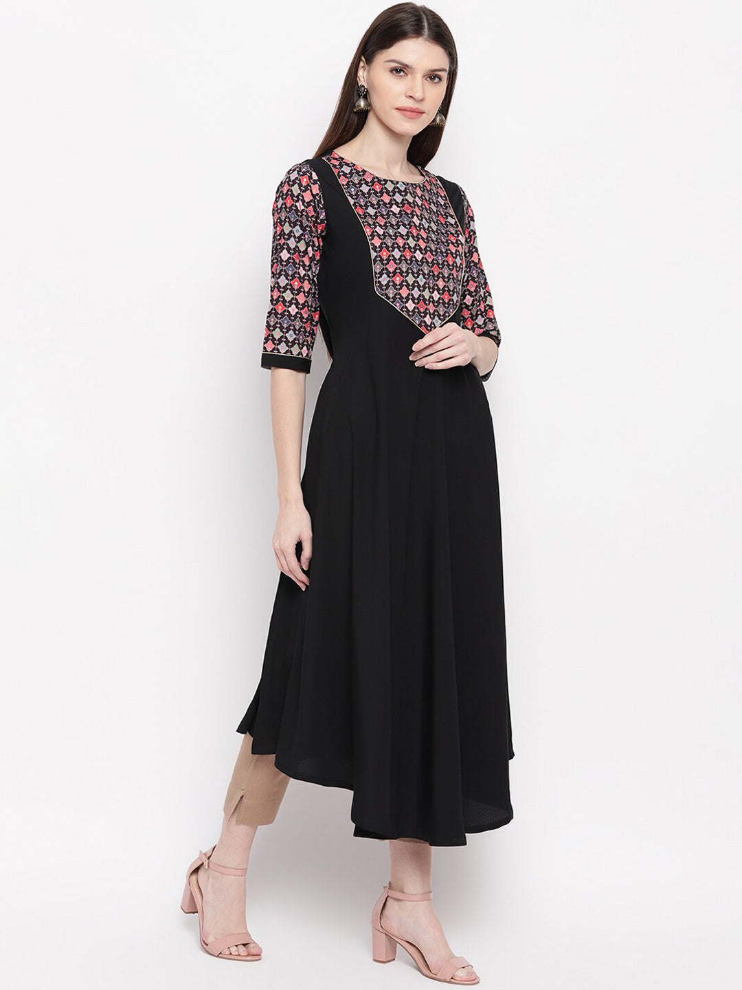 Janasya Women Black Geometric Yoke Design Crepe Anarkali Kurta
