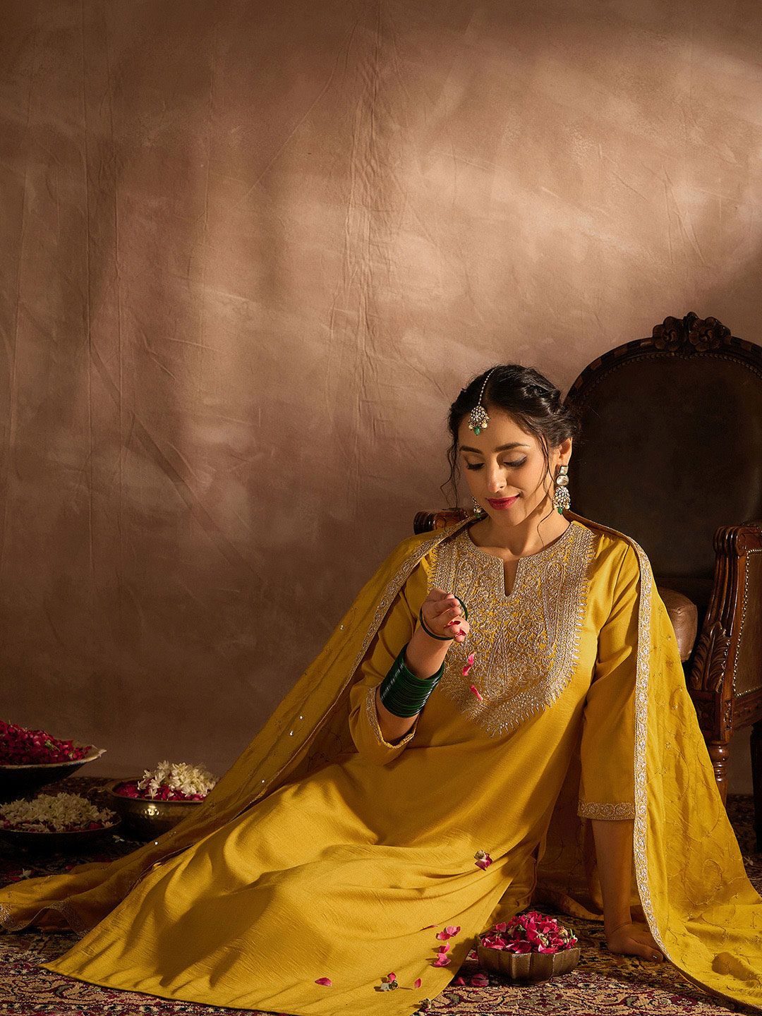 Indo Era Yellow Paisley Embroidered Regular Straight Kurta With Trousers & Dupatta