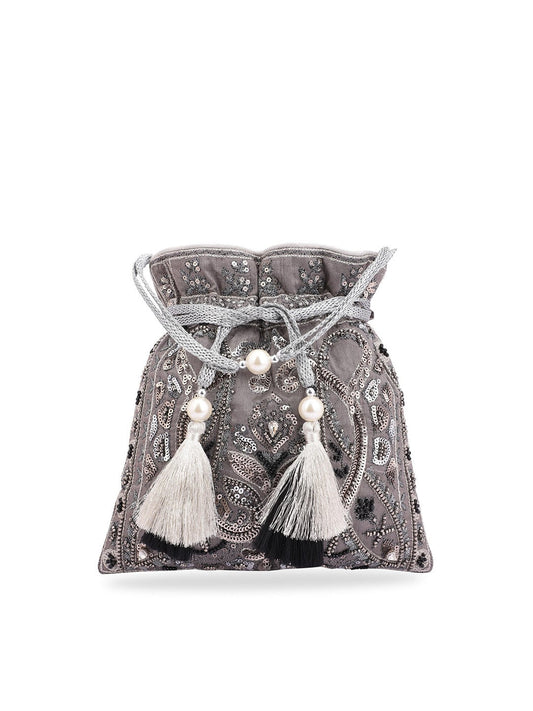 Masq Grey & White Embellished Potli Clutch - Grab2buy