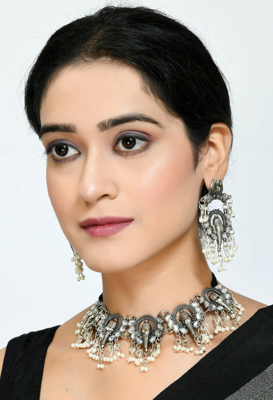 Mominos Fashion Johar Kamal Oxidised Silver-Plated Ganesha Design Necklace Choker Set for Women - Grab2buy