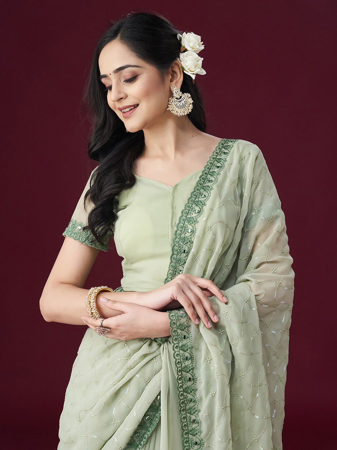 kasee Floral Embroidered Embellished Mirror Work Saree