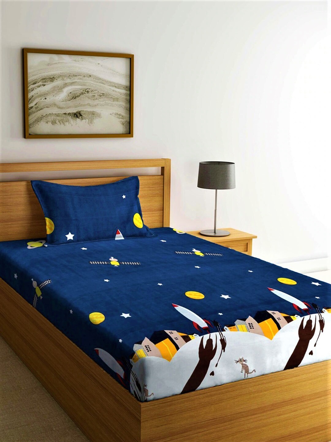 Home Sizzler Blue & Yellow Cartoon Characters 210 TC Bedsheet with Pillow Covers 