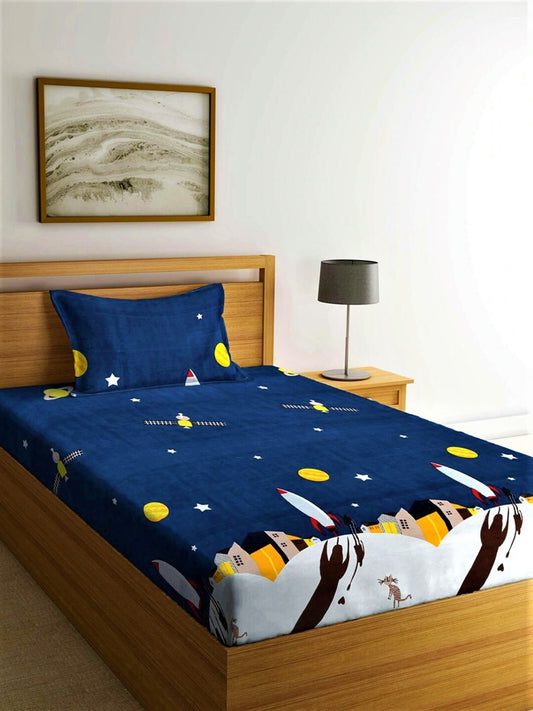 Home Sizzler Blue & Yellow Cartoon Characters 210 TC Bedsheet with Pillow Covers 