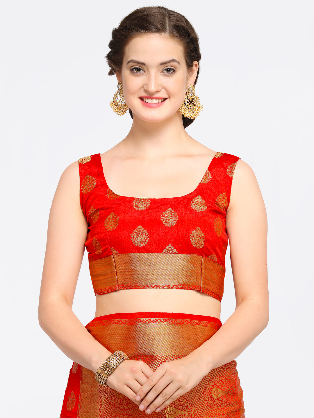 Saree Mall Red Silk Blend Woven Design Kanjeevaram Saree
