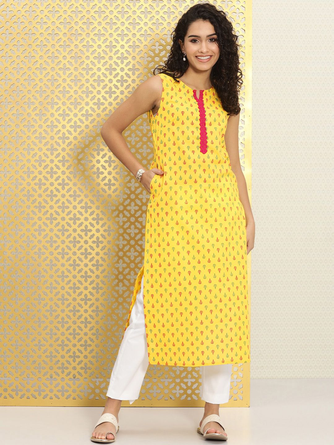 Ode by House of Pataudi Women Yellow Ethnic Motifs Printed Rozana Straight Kurta | Grab2Buy
