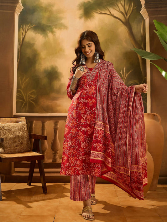Joban Fashion Printed Red Pure Cotton Kurta Set