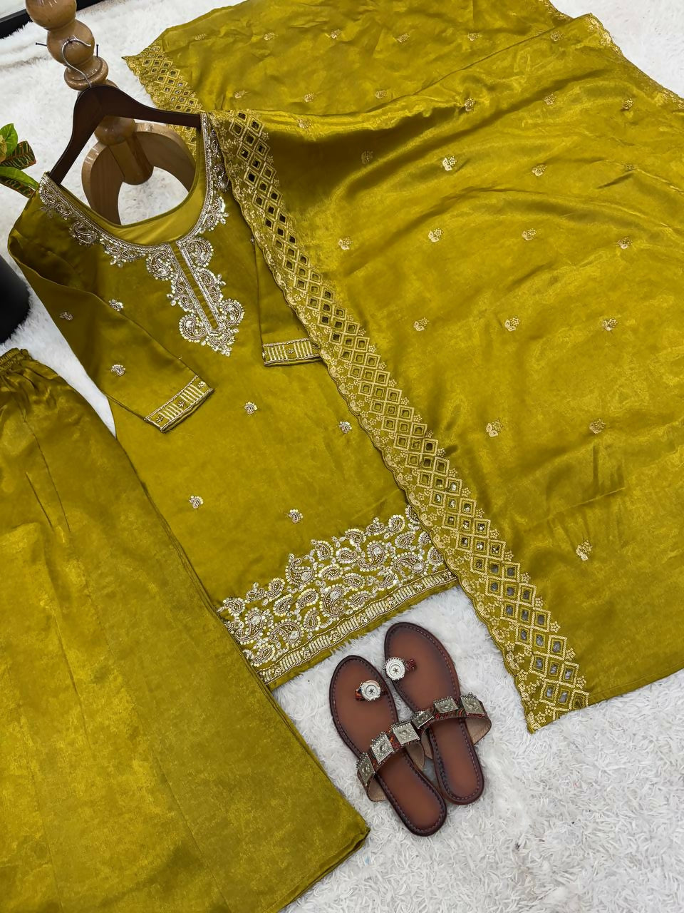 Teeya Creation Womens New Trendy Stylish Embroidery Beads Work Palazzo Kurta Set -Olive