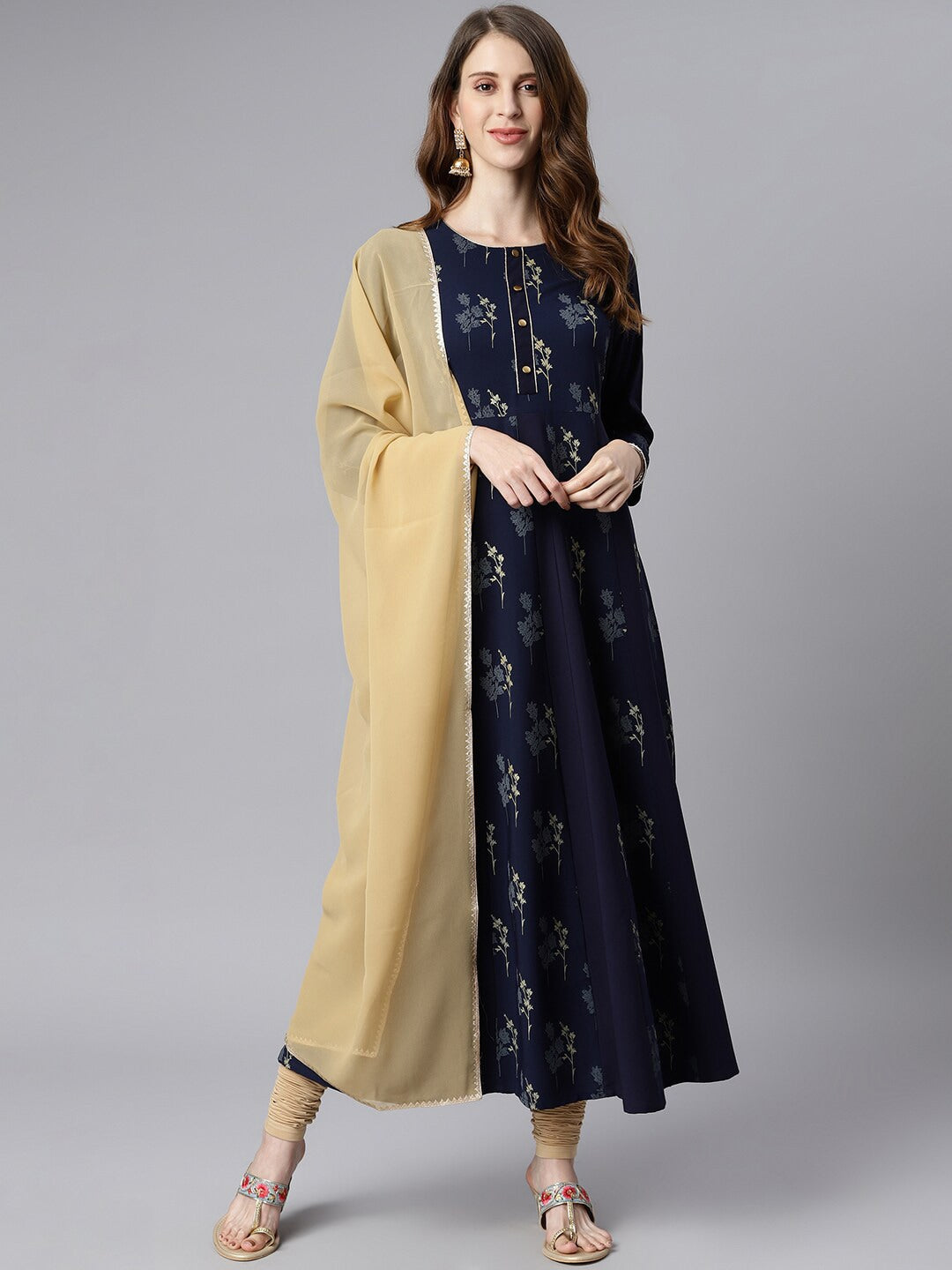 Janasya Women Navy Blue Floral Printed Crepe Anarkali Kurta with Dupatta