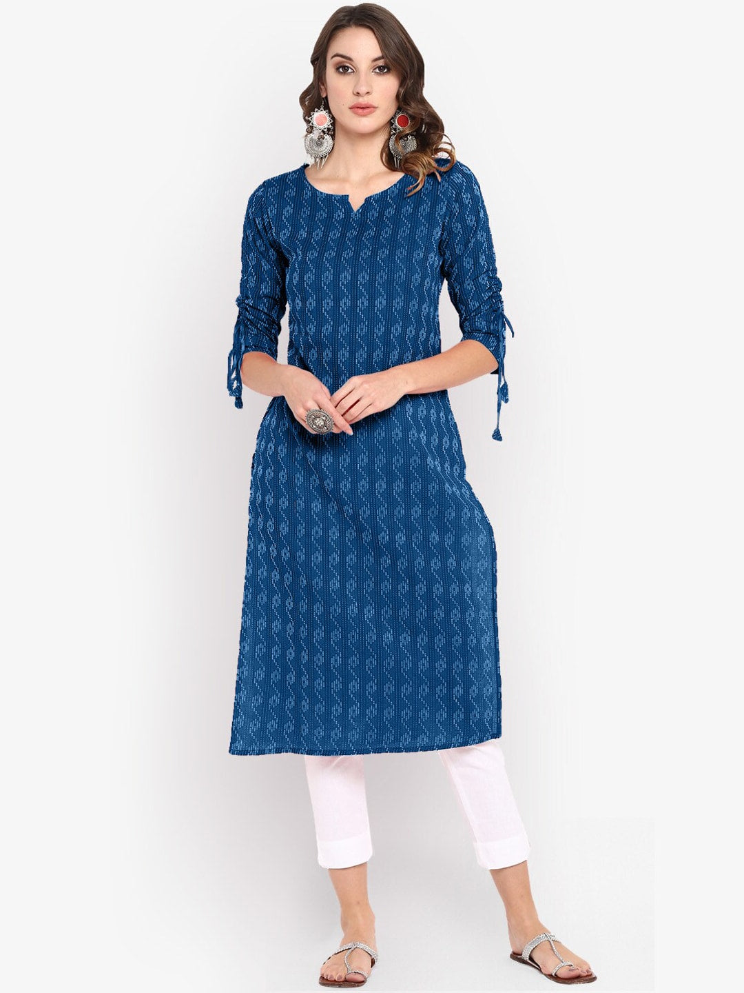 Janasya Women Blue Woven Design Straight Kurta