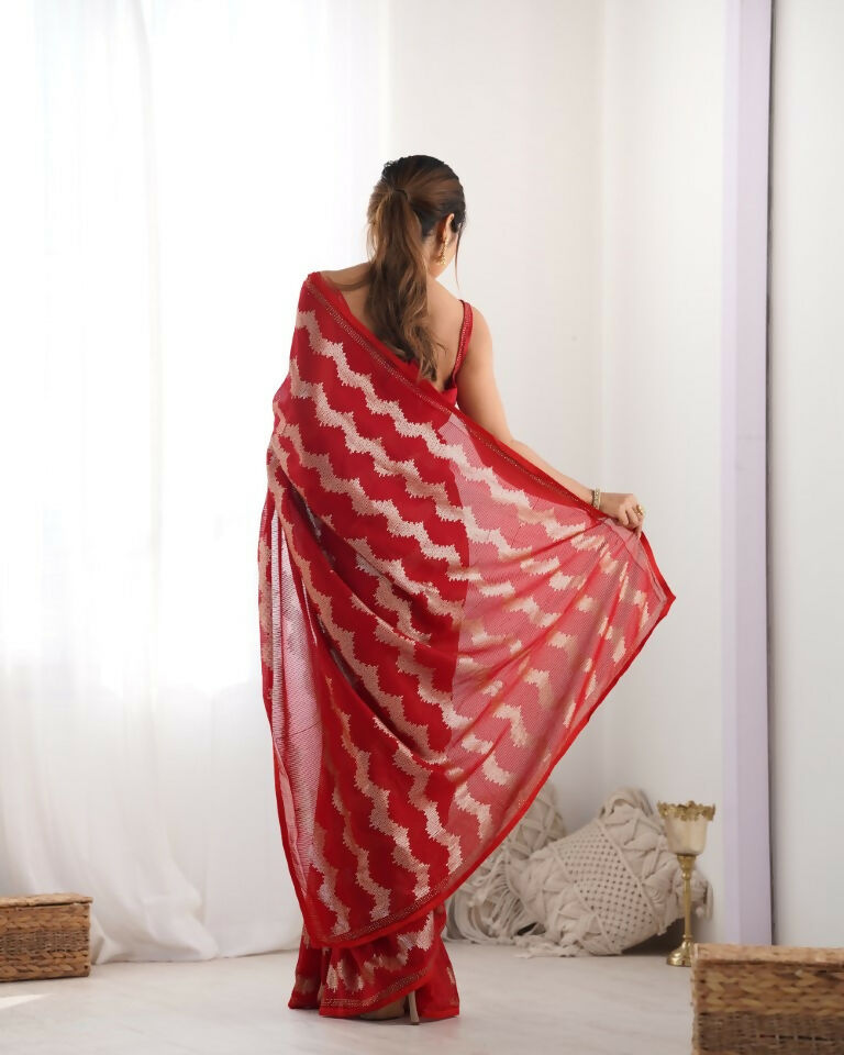 Red Georgette Sequance Embroidery Work Border Saree - Sitare