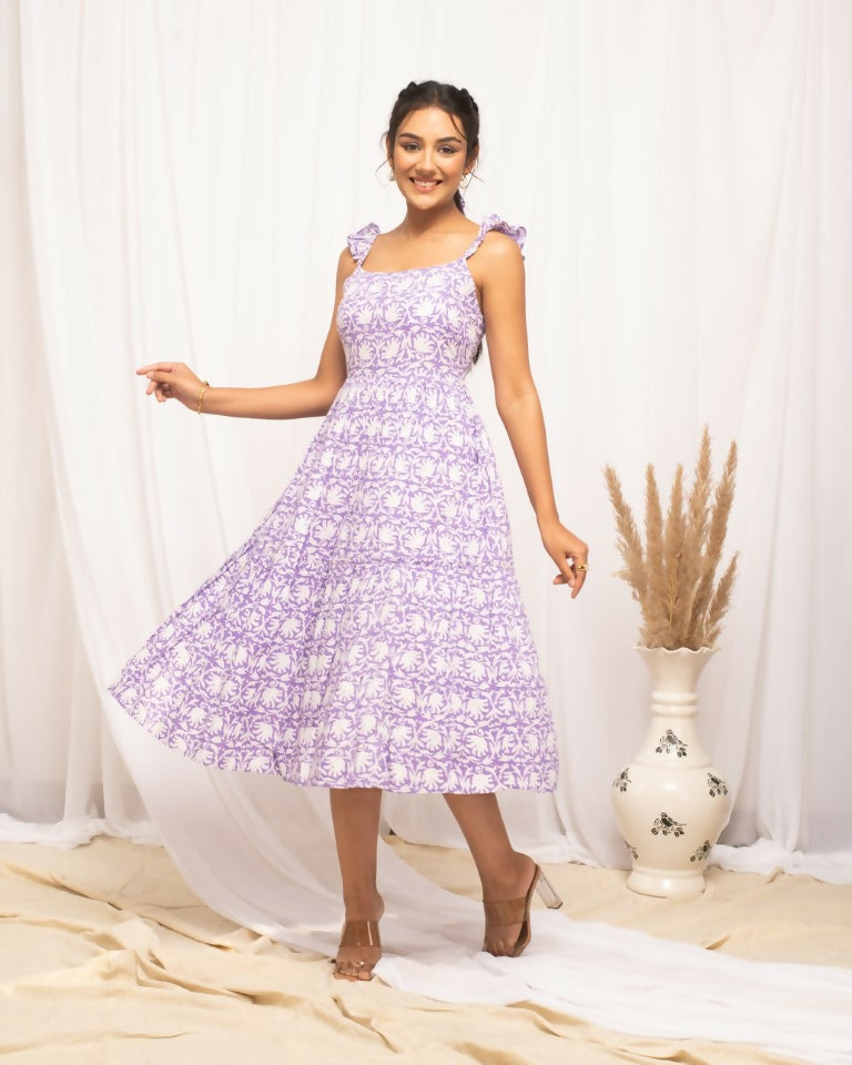 FIORRA Women's Lavender Cotton Floral Printed Dress 