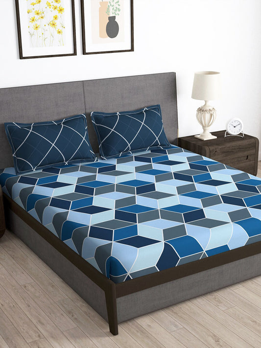 Story@home Arena Blue & Grey Geometric Printed 180 TC Queen Bedsheet & 2 Pillow Covers 