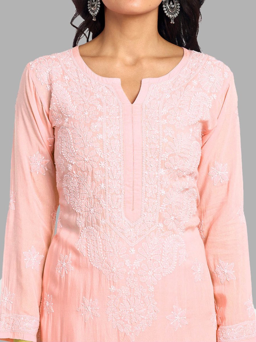 ADA Floral Embroidered Long Sleeves Regular Lucknowi Chikankari Kurta With Palazzos 