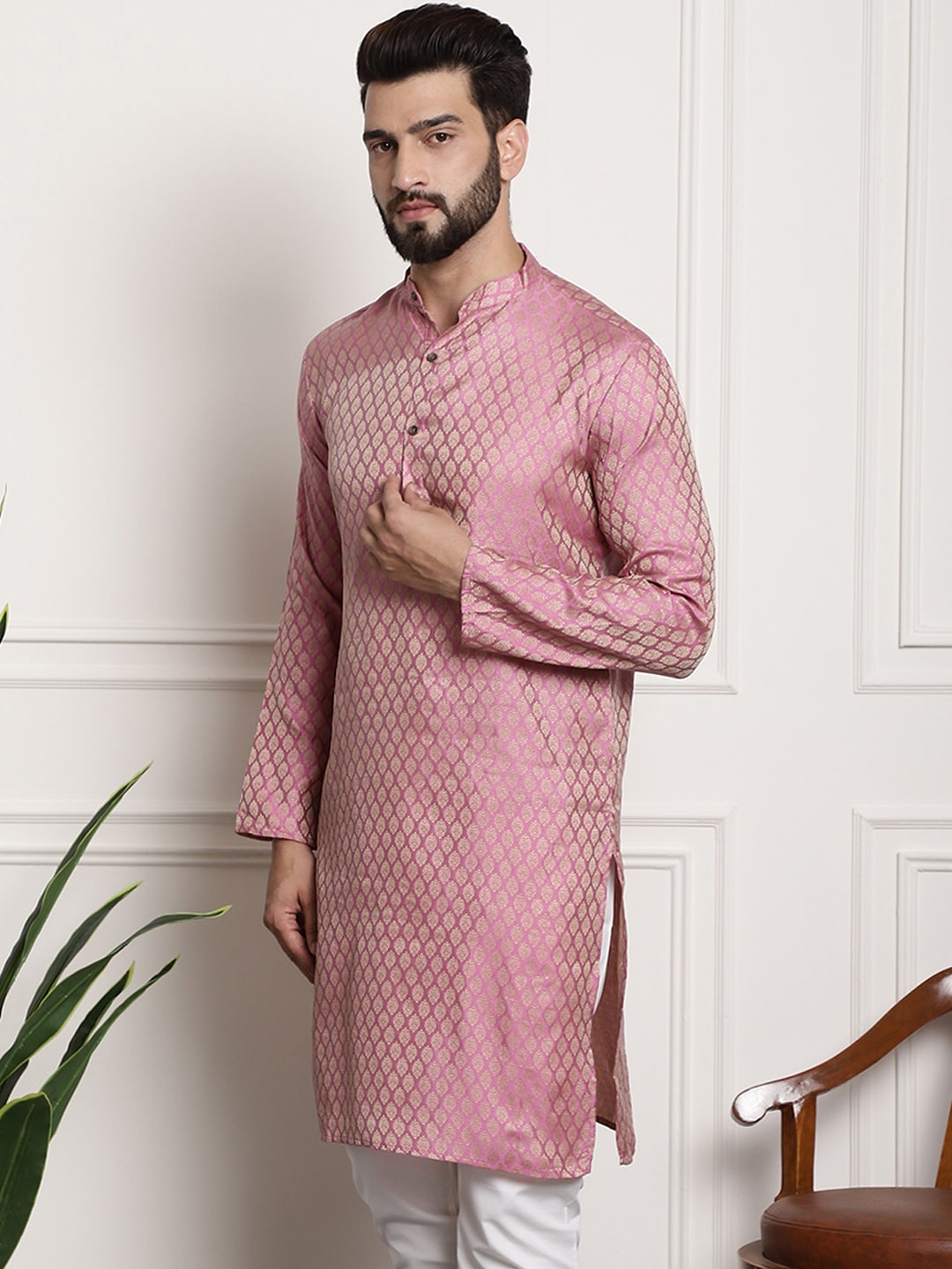 Sojanya Men Pink & Beige Ethnic Motifs Jacquard Woven Design Straight Kurta 