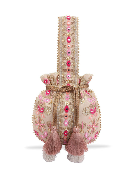 Masq Beige & Pink Embroidered Potli Clutch - Grab2buy