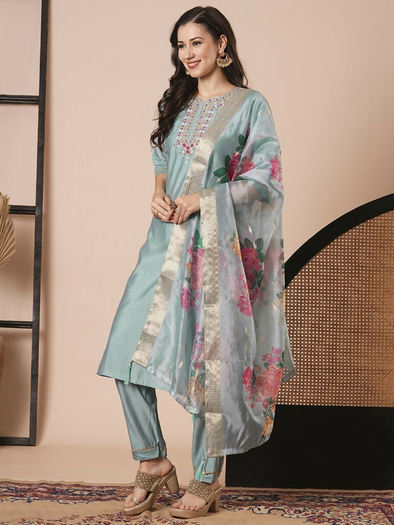 Sky Blue Viscose Chanderi Embroidery Work Kurta Set - Riya