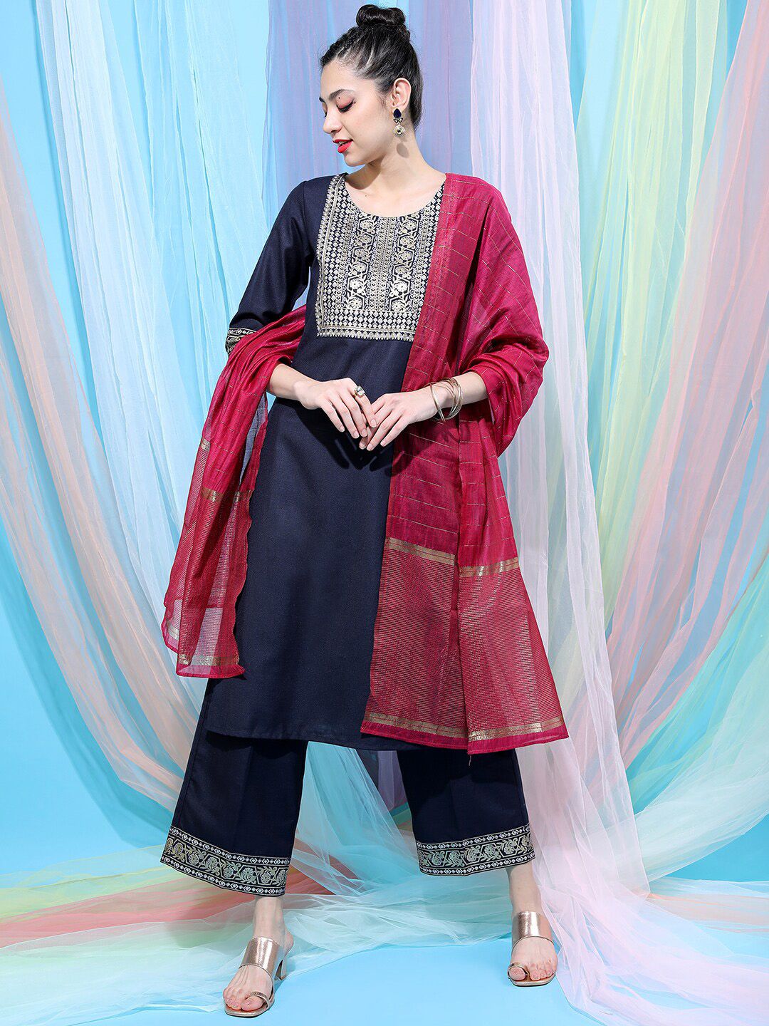 Vishudh Navy Blue Ethnic Motifs Yoke Design Straight Kurta With Palazzos & Dupatta | Grab2Buy