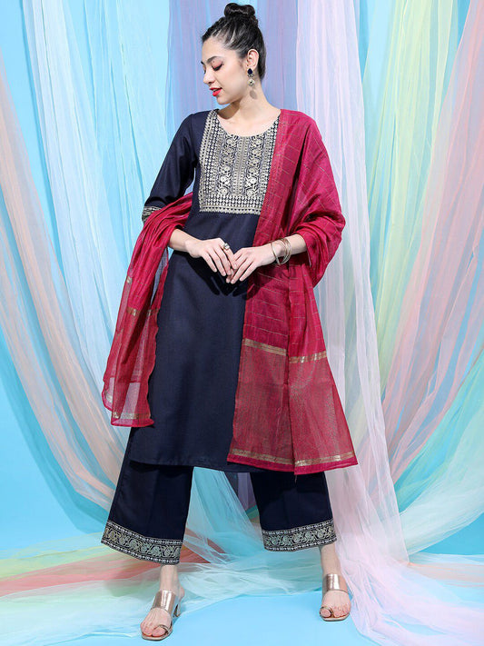 Vishudh Navy Blue Ethnic Motifs Yoke Design Straight Kurta With Palazzos & Dupatta | Grab2Buy