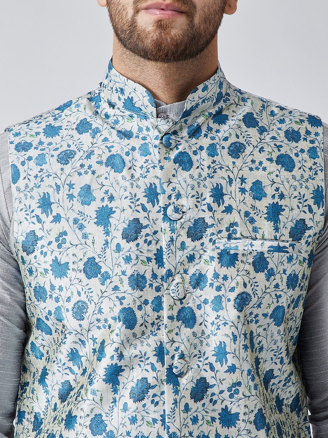 Sojanya Men Grey & Blue Self Design Kurta with Churidar & Nehru Jacket 