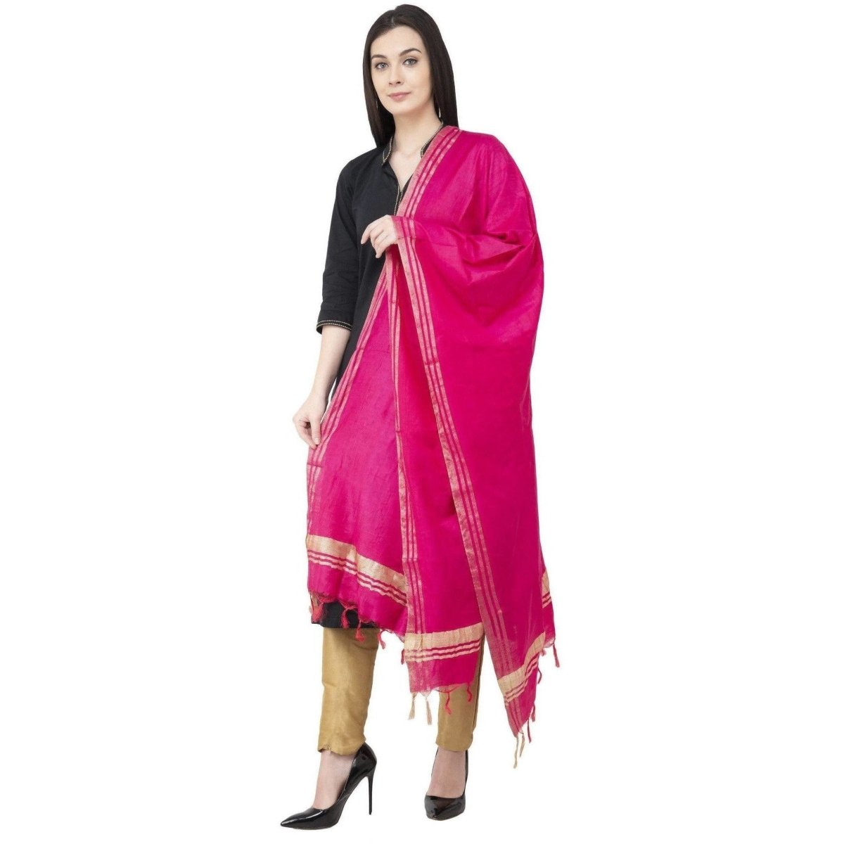 A R Silk Golden Border Regular Dupatta Dark Pink Color Dupatta or Chunni 