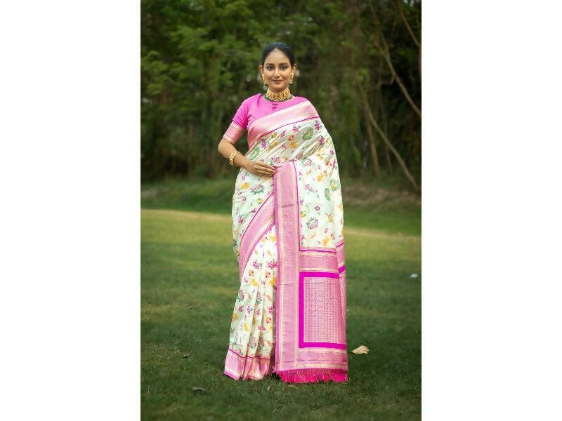 Aastha Fashion Women's Off White Banarasi Silk Meenakari Zari Woven Saree with Blouse - Grab2buy