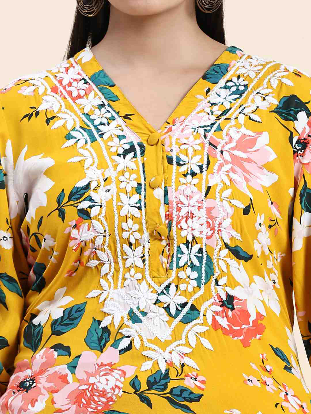 HOUSE OF KARI Floral Printed Chikankari Regular Straight Pure Cotton Kurta with Trousers 