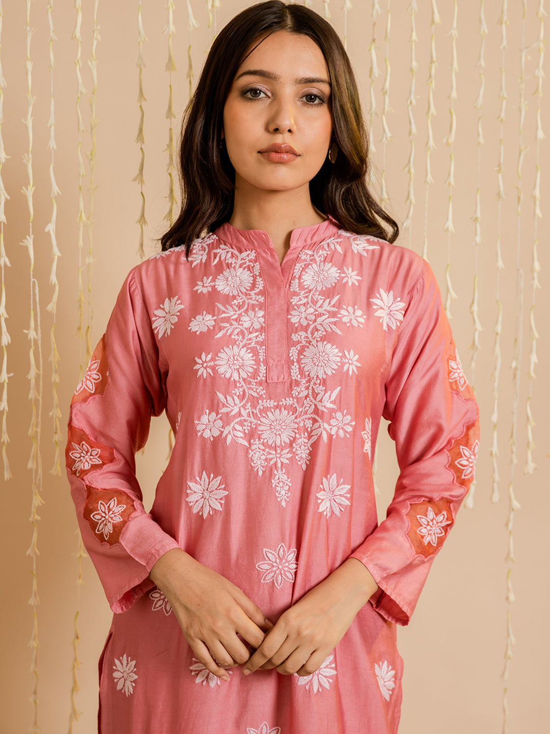 HOUSE OF KARI Ethnic Motifs Embroidered Chikankari Straight Chanderi Silk Kurta 