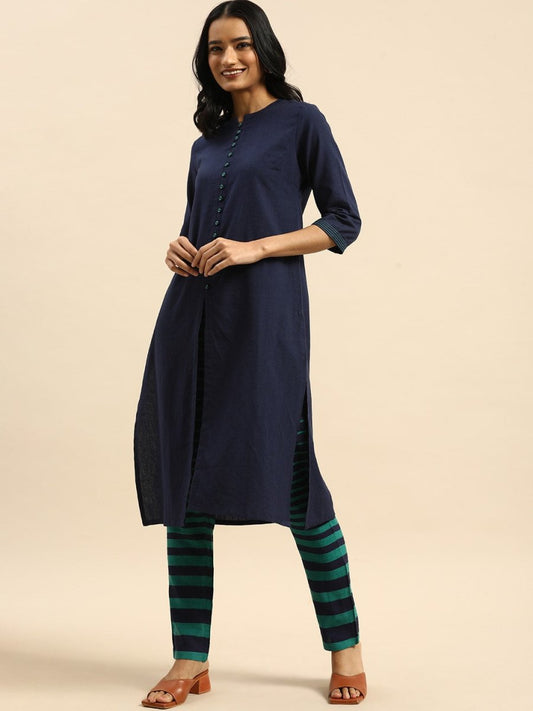 All About You Women Blue & Green Pure Cotton Kurta with Trousers