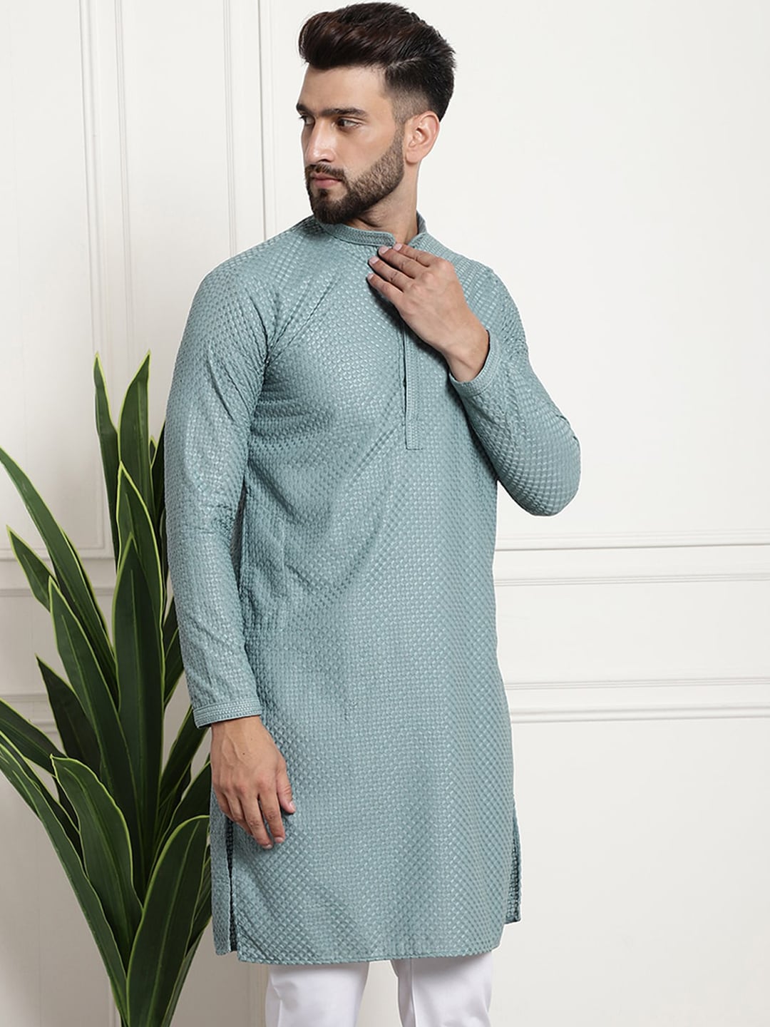 Sojanya Woven Design Mandarin Collar Straight Cotton Kurta 