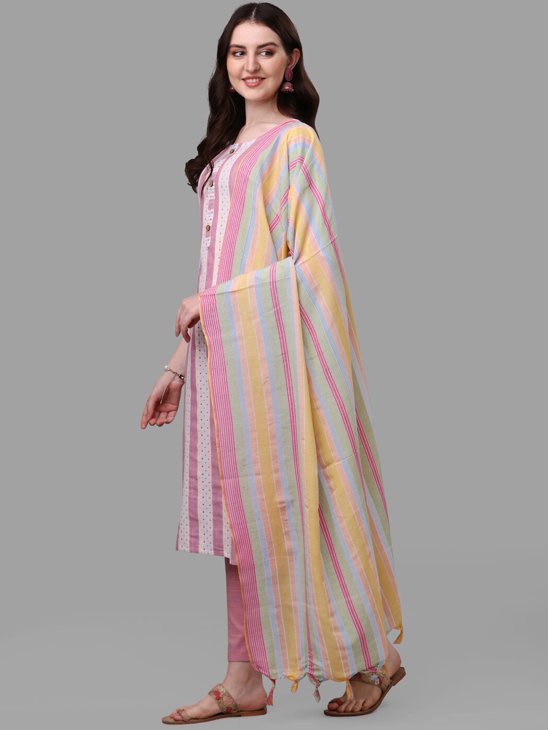HERE&NOW Pink & White Striped Pure Cotton Kurta With Trousers & Dupatta