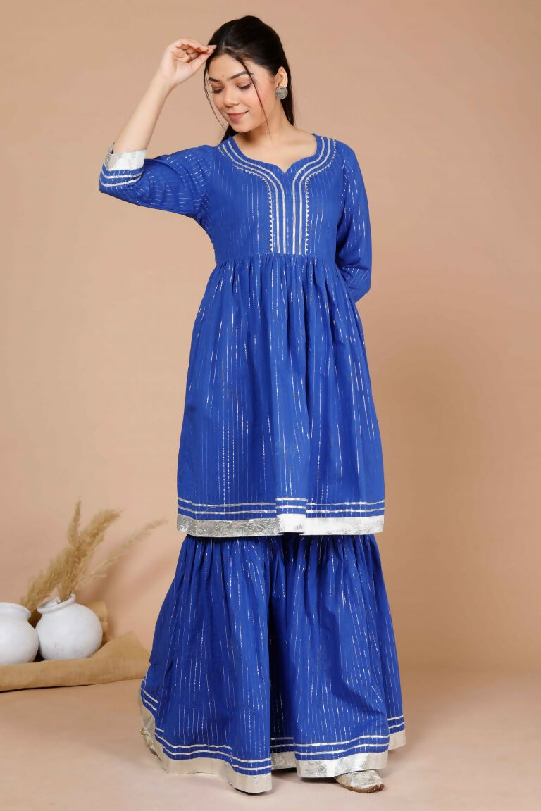 Miravan Women's Blue Printed Pure Cotton A-Line Kurti With Sharara