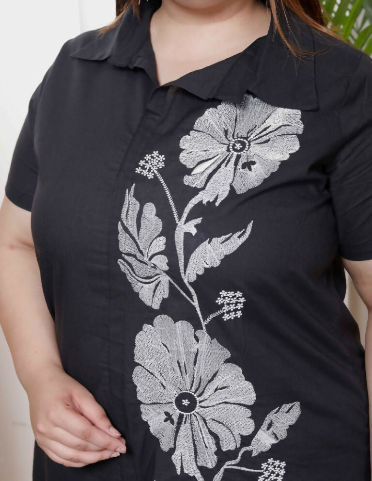 Miravan Women's Plus Size Black Pure Cotton Floral Embroidered High Low Co-Ord Set 