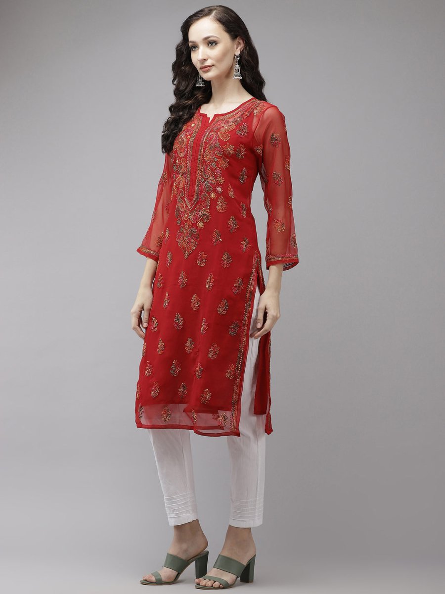 ADA Women Red Embroidered Regular Chikankari Kurta with Trousers 