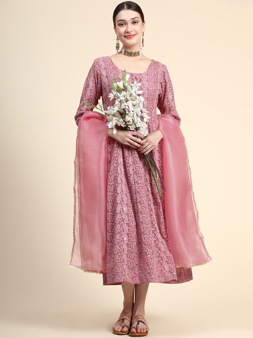 Kalini Paisley Embroidered Chikankari Georgette Anarkali Kurta With Dupatta Set 