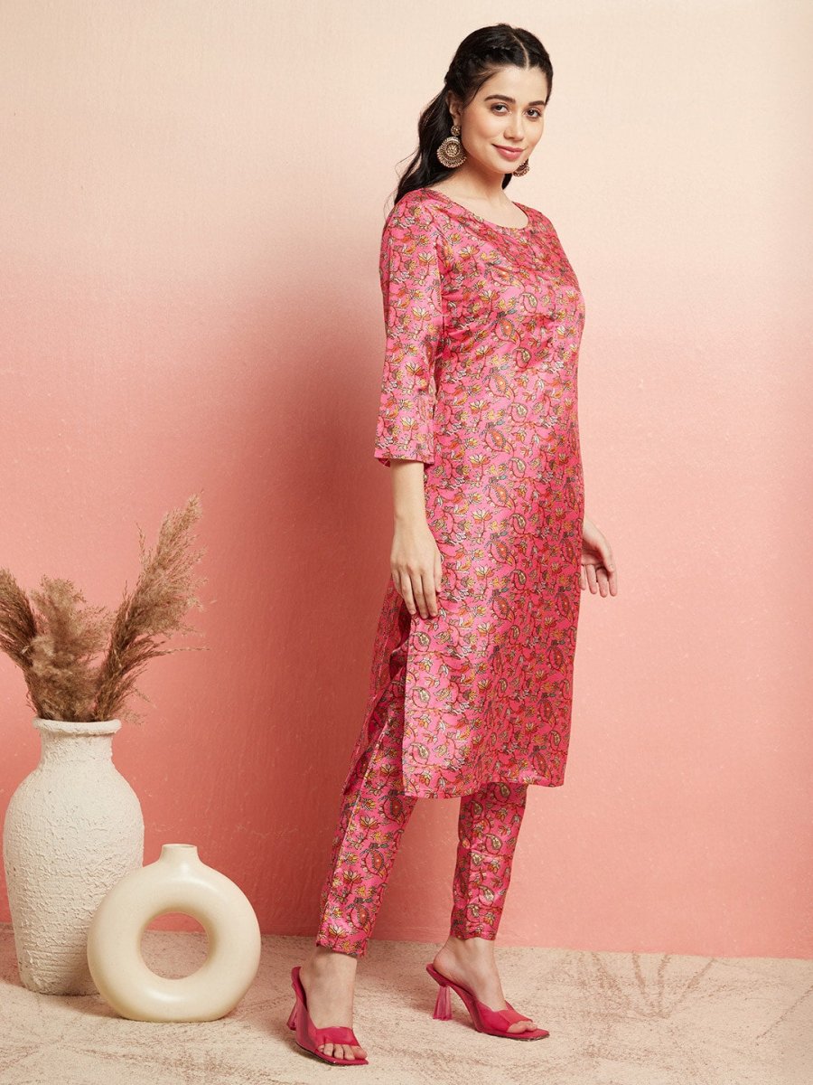 Aks Floral Printed Round Neck Kurta With Trousers