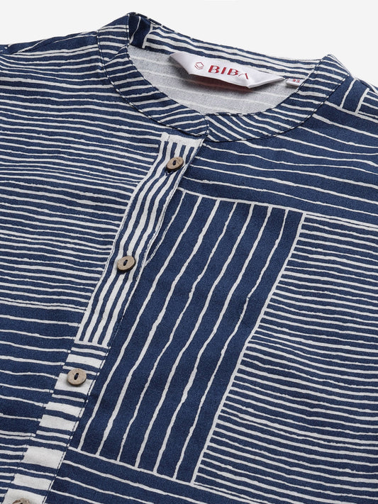 Biba Women Navy Blue & White Striped Kurta with Trousers - Grab2buy