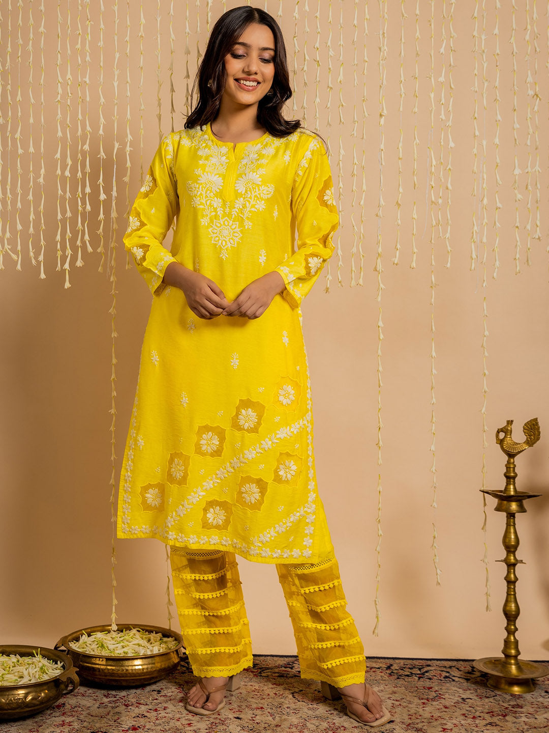 HOUSE OF KARI Ethnic Motifs Embroidered Round Neck Chikankari Chanderi Silk Kurta 
