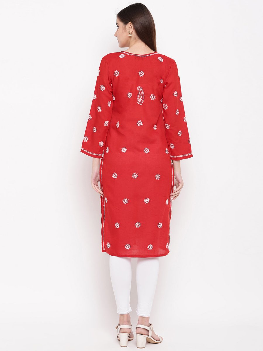 ADA Women Red & White Chikankari Hand Embroidered Straight Sustainable Kurta 