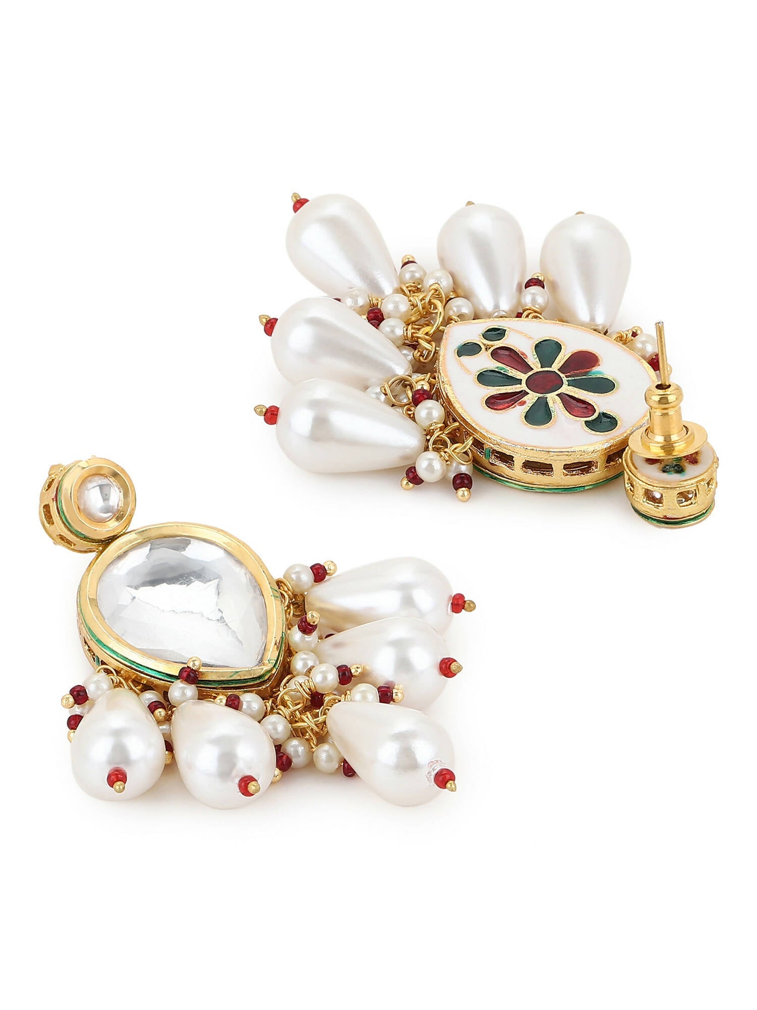Gold-Toned White Kundan Contemporary Gold-Plated Drop Earrings - Ruby Raang - Grab2buy