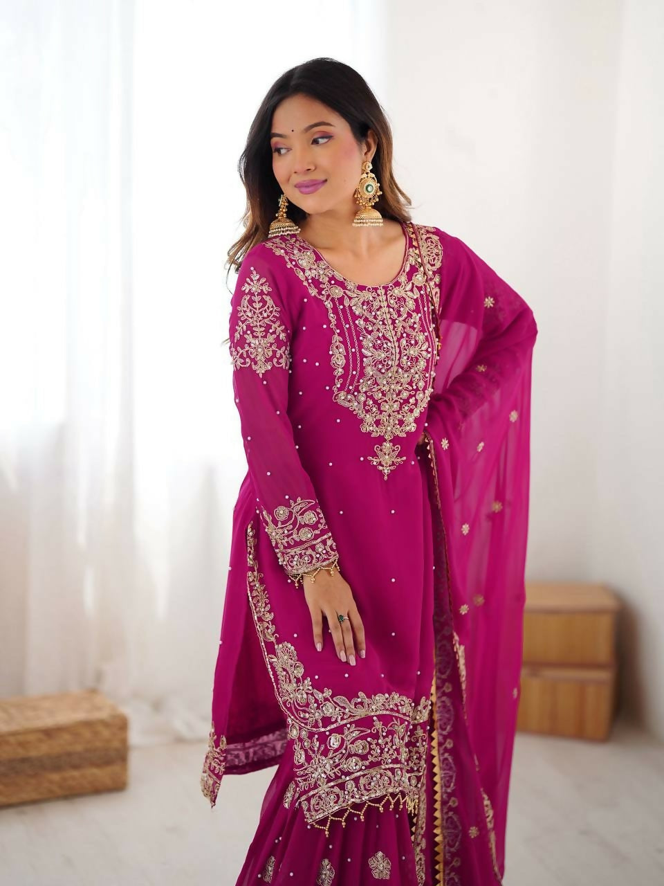 Teeya Creation Pink Color Faux Georgette Embroidery Work Wedding Wear Sharara